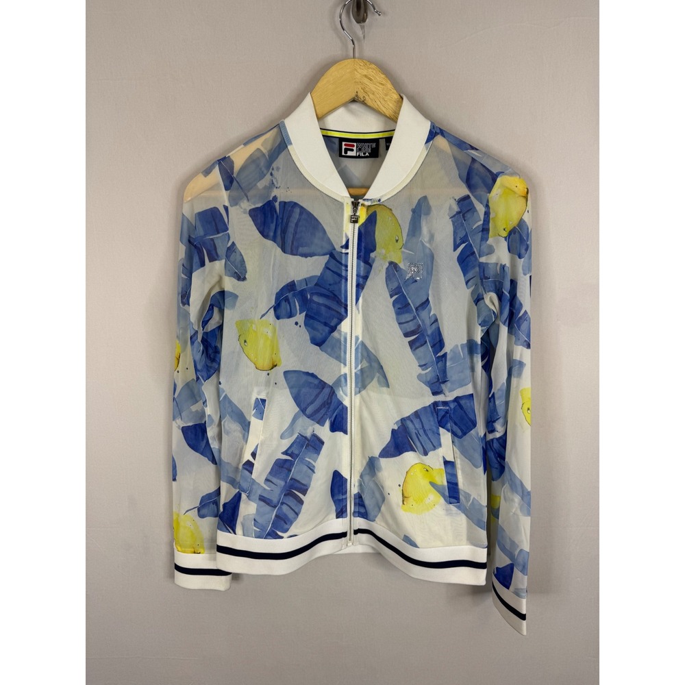 Fila White Line Womens Mesh Bomber Jacket Blue Yellow Tropical Lemon Print Med‎